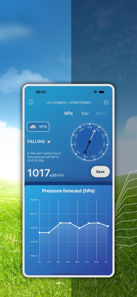My Barometer and Altimeter - Interface of the My Barometer and Altimeter app showing current air pressure and a seven day forecast graph.