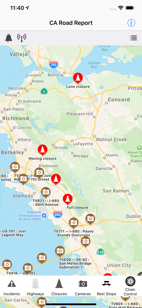 California Road Report - California Road Report app map showing road closures and traffic cameras in the San Francisco Bay Area