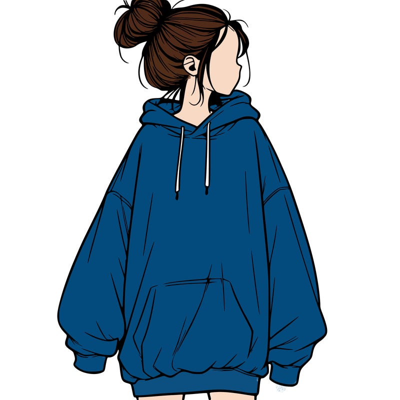 realistic girl with a oversized sweatshirt on and a bun