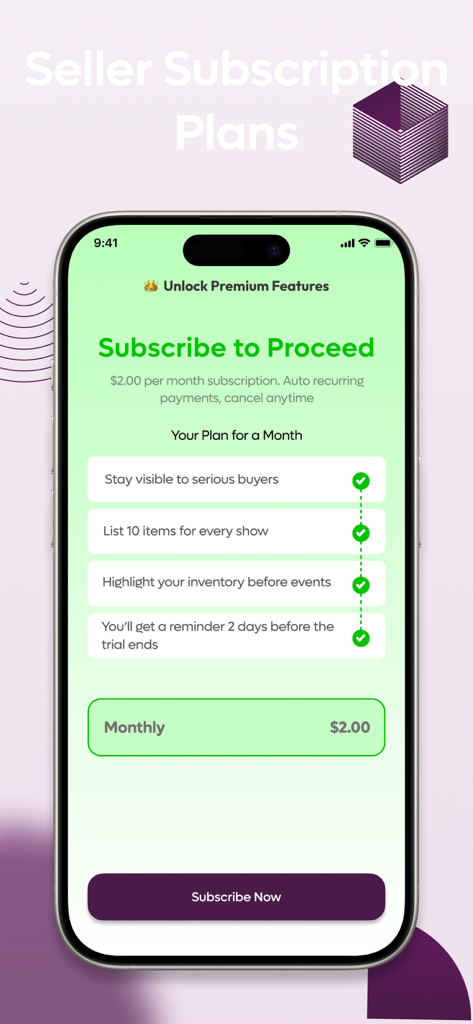 The FoundIt App - Detalhes do plano de assinatura do vendedor para o App FoundIt mostrando preços mensais e benefícios para membros