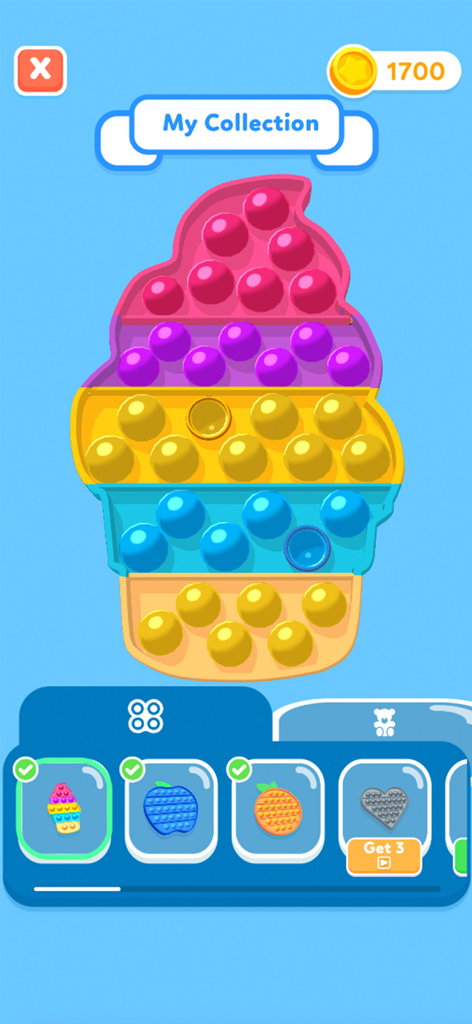 Fidget Trading 3D- Toy Collect - Un jouet pop-it 3D en forme de glace colorée affiché dans le menu de collection de Fidget Trading 3D.