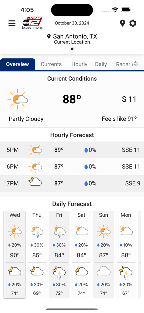 KSAT 12 Weather Authority app interface showing the current weather and 10-day forecast for San Antonio Texas