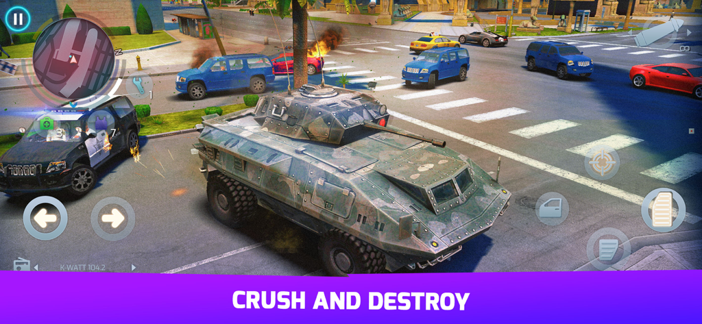 A tank crushing cars in a city street in Gangstar Vegas