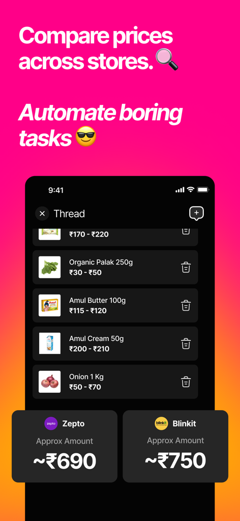 Zave: AI Shopping Assistant - Zave app interface showing grocery price comparison between multiple delivery services.