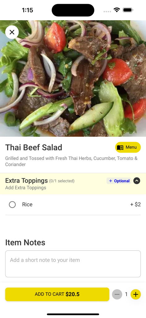 Online Ordering Wrapper - Schermata dell'app mobile per ordinare un'insalata di manzo tailandese con opzioni di personalizzazione e pulsante aggiungi al carrello