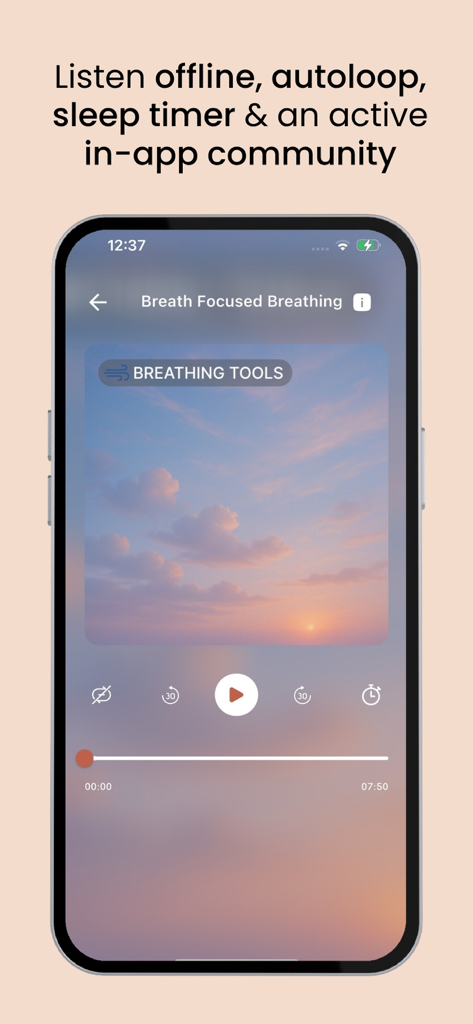 The Calm Gut: IBS Hypnotherapy - Breath Focused Breathing audio player interface with sleep timer and offline listening options
