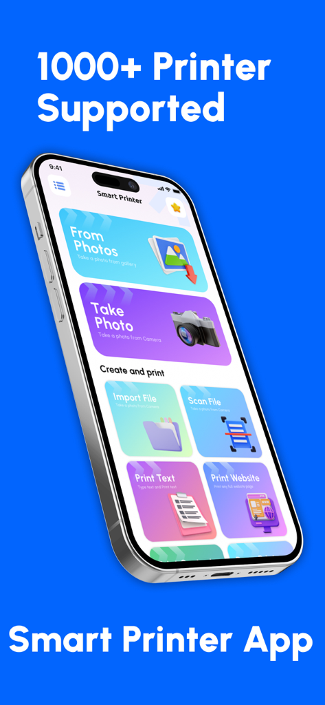 Smartphone mit dem Dashboard der Smart Printer App mit Optionen zum Drucken von Fotos, Dokumenten und Websites