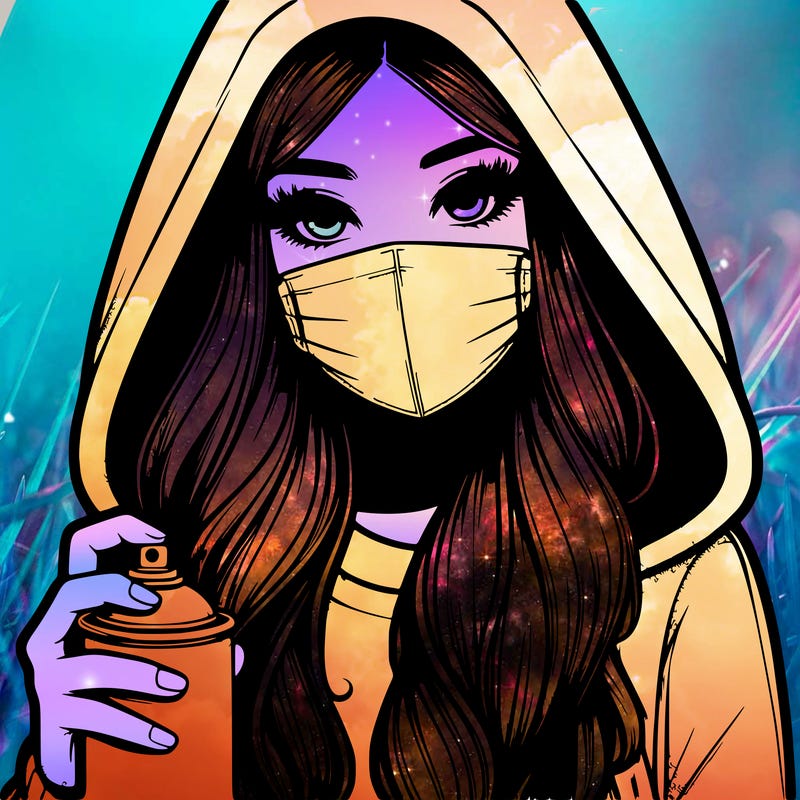 girl wearing a mask with long hair with her hood up spray-painting realistic