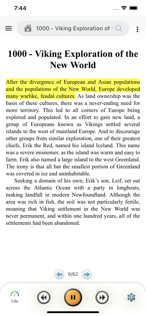 AI Read Aloud Text To Speech - AI Read Aloud mobile app interface showing a document about Viking history being read with a highlighted sentence and playback controls.