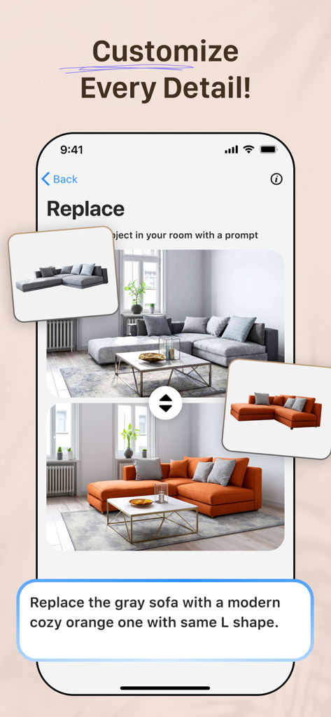 AI Remodelアプリのモバイル画面。リビングルームのグレーのソファがモダンなオレンジのソファに置き換えられている様子が表示されています。