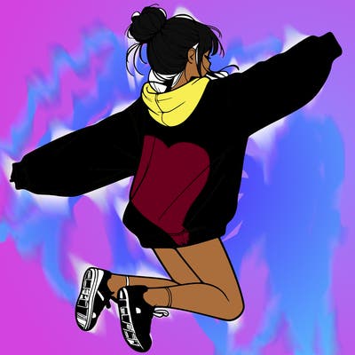 realistic girl jumping with a bun and oversized sweatshirt