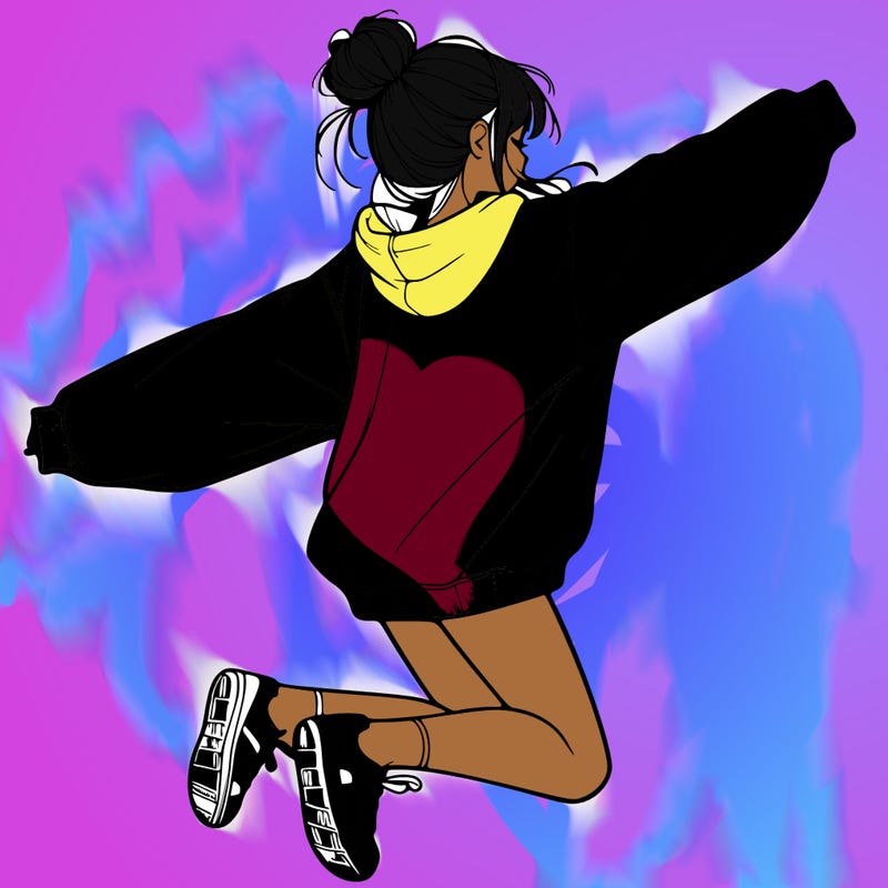 realistic girl jumping with a bun and oversized sweatshirt