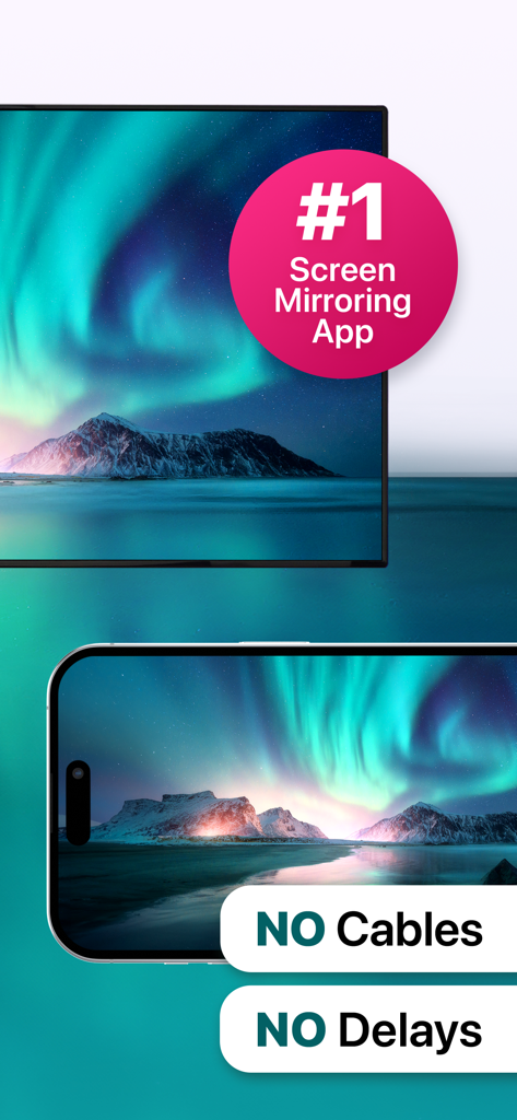 iPhone mirroring a northern lights landscape to a TV screen with no cables or delays