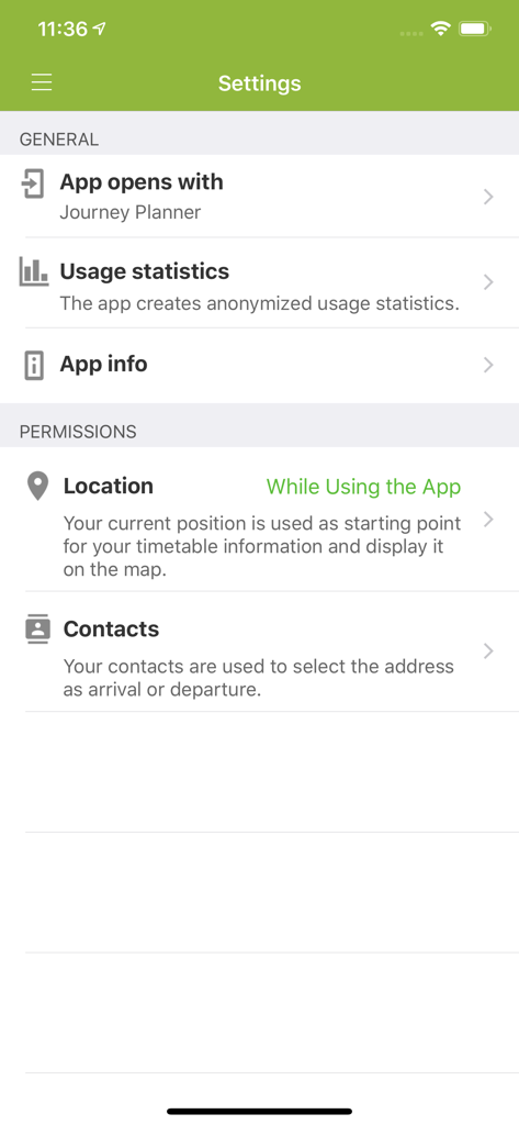 Menu Paramètres de l'application Irish Rail affichant la configuration générale et les autorisations de l'application pour la localisation et les contacts.