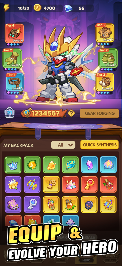 Mecha plant hero interface with equipment tiers and inventory backpack