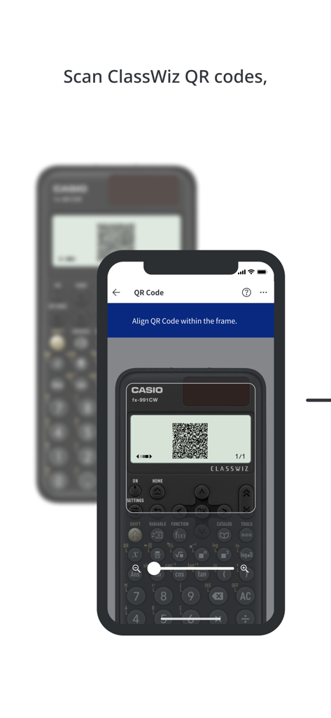 A smartphone using the ClassWiz app to scan a QR code from a physical Casio scientific calculator screen