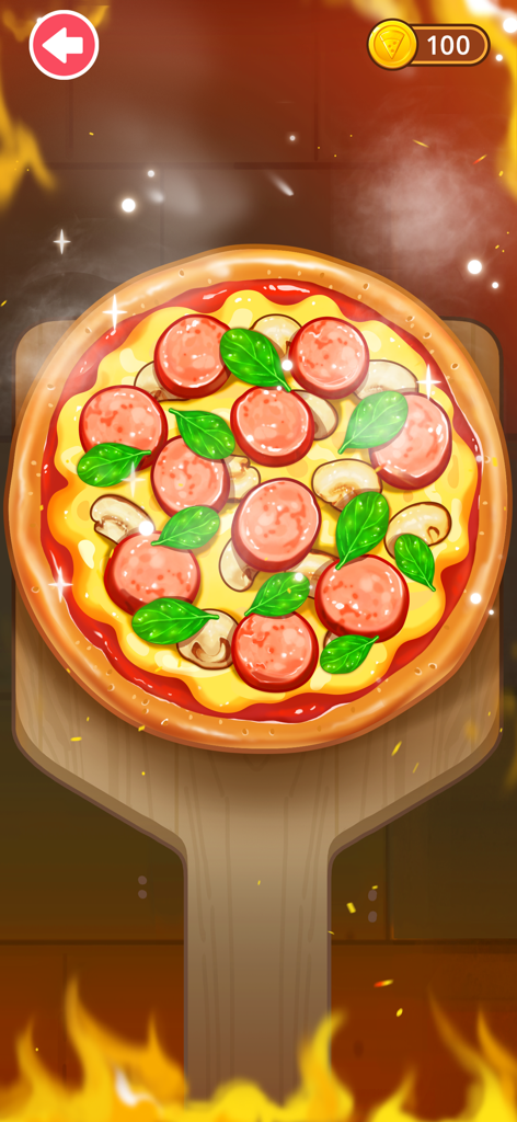 Pizza Games for kids - Uma pizza recém-assada com linguiça e manjericão em um forno virtual do jogo de fazer pizza para crianças
