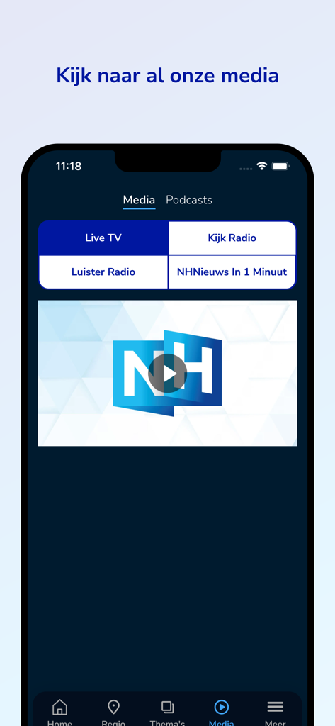 NH Nieuws - NH Nieuws app interface showing media options like live TV and radio podcasts