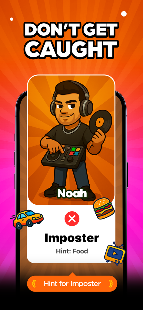 Mobile game interface showing a player assigned the role of imposter with a hint about food