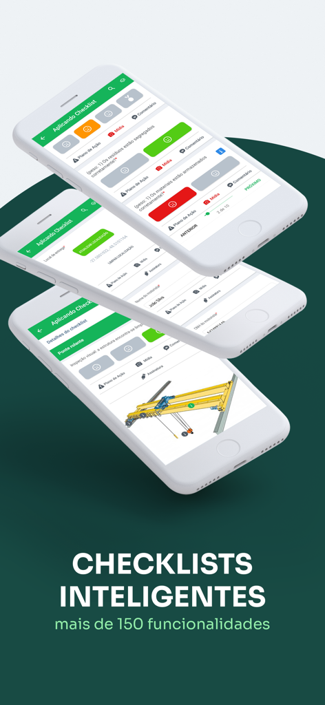 Drei iPhones, die verschiedene Bildschirme der Checklist Facil App mit intelligenten Checklisten und Auditfunktionen anzeigen.