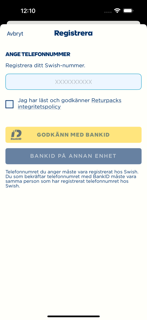 Pantamera - Registration screen of the Pantamera app for entering a Swish phone number and verifying with BankID.