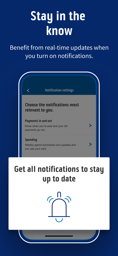 Bank of Scotland Mobile Bank - Bank of Scotland mobile banking app screen showing real-time notification settings for spending and payments.