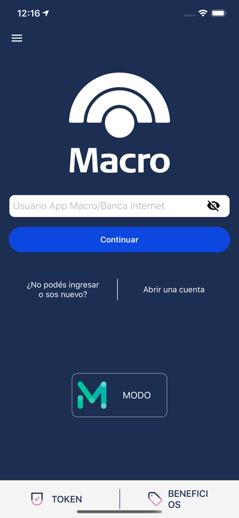 Banco Macro mobile app login screen with username input field and MODO integration