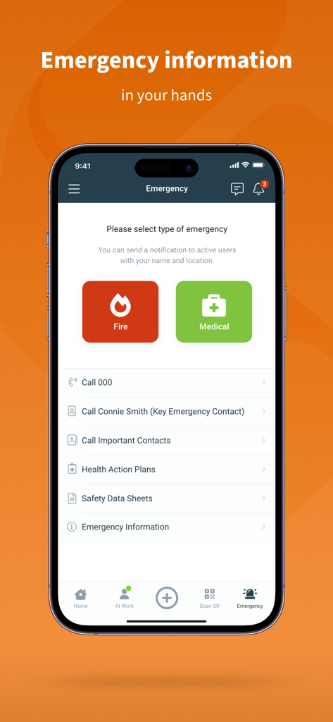 Safe Ag Systems™ - Interfaccia dell'app Safe Ag Systems che mostra le opzioni di allerta di emergenza per situazioni di incendio e mediche.