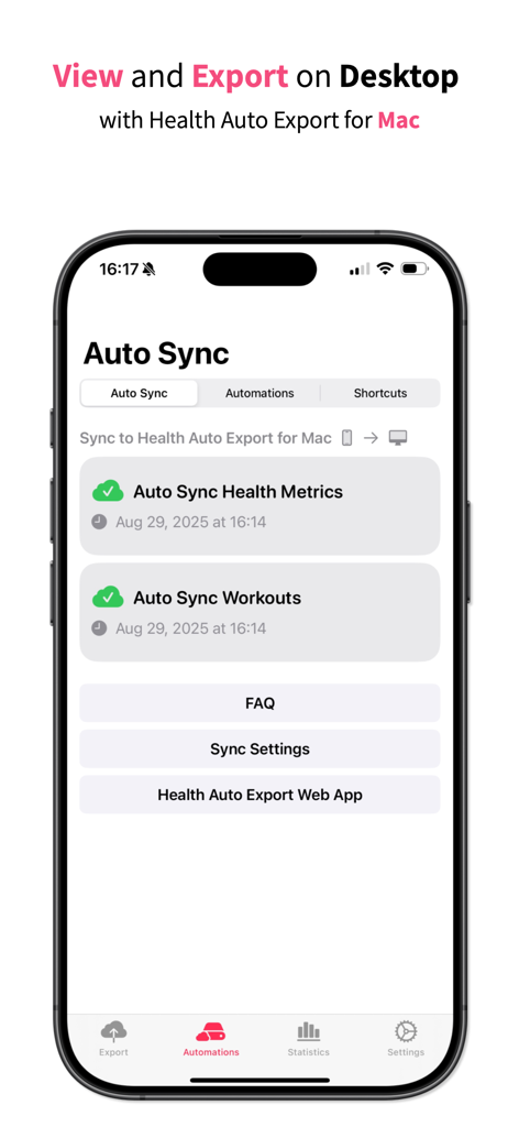 Health Auto Export app interface showing auto sync features for health metrics and workouts