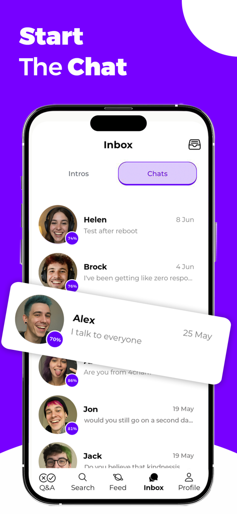 Pantalla de bandeja de entrada de chat de la app Duolicious mostrando mensajes de chat y porcentajes de match de personalidad.
