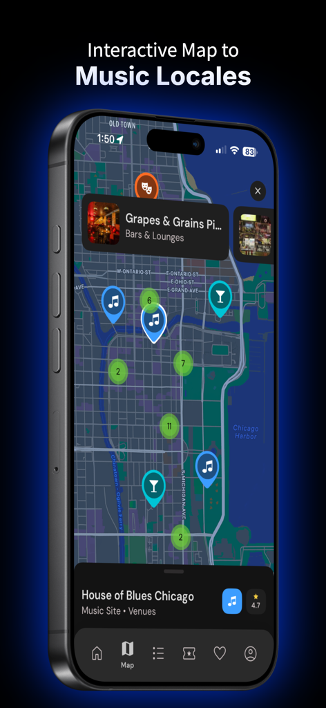 Music Roadtrip - Interactive map showing music venues and lounges in Chicago on the Music Roadtrip mobile app