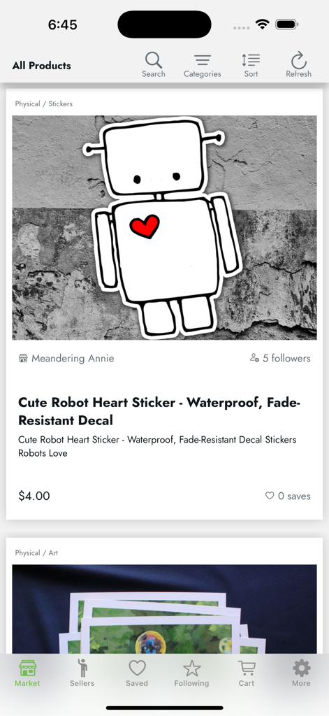 Mayhem Marketplace - Mayhem Marketplace app display featuring a cute robot heart sticker for sale by an independent creator