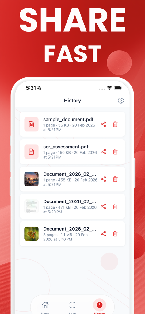Image to PDF Converter: Photo - Una pantalla de historial en la app Image to PDF Converter que muestra una lista de documentos PDF convertidos recientemente con opciones para compartir.