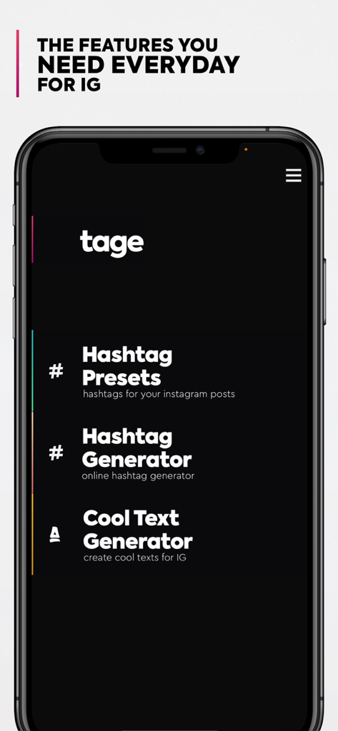 Hashtag Generator - Tage App - Tage app main menu displaying hashtag presets hashtag generator and cool text generator features for Instagram creators