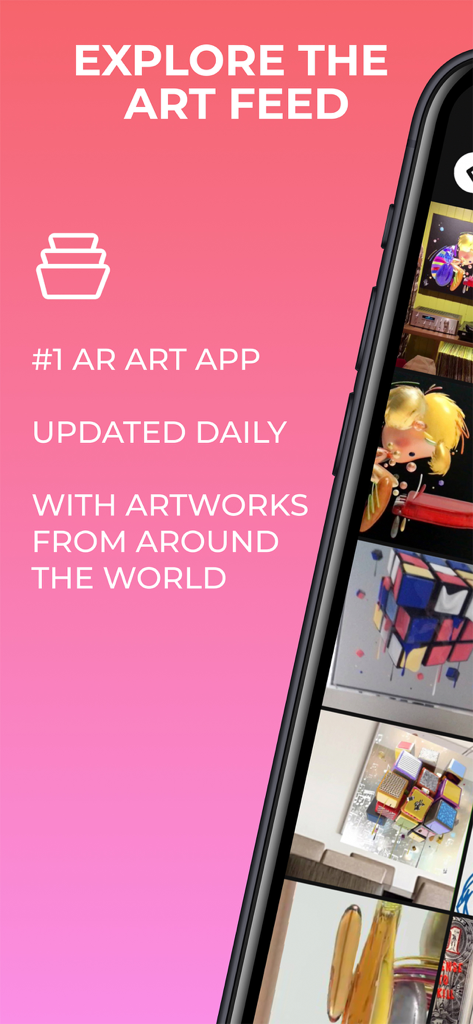 Smartphone screen displaying the Artivive app art feed with various augmented reality artworks.