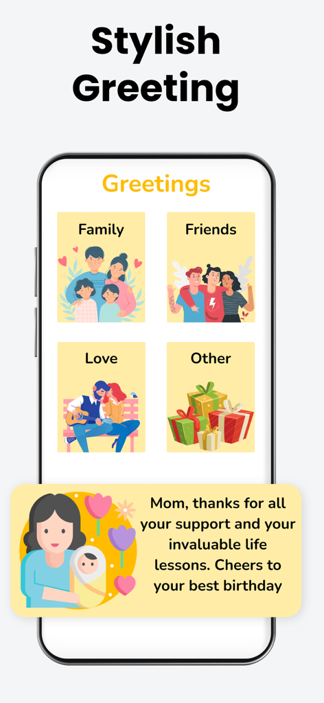 Age Calculator - Date of Birth - Interface of the Age Calculator app showing birthday greeting categories for family and friends with a sample message for a mother.