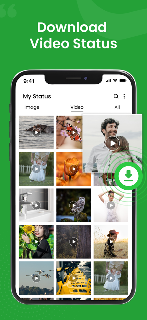 Status Saver - Status Download - App interface for downloading and saving video statuses on a smartphone.