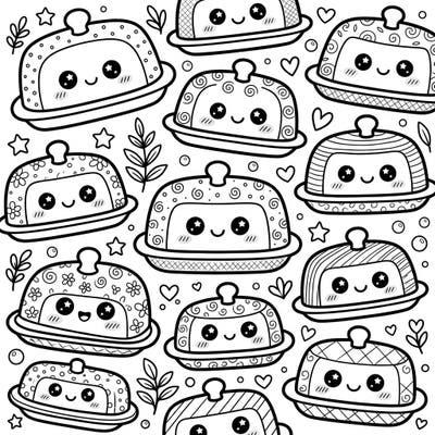 Dive into a world of cuteness with our charming Kawaii Butter Dishes coloring page! This delightful design features an array of smiling butter dishes, perfect for a relaxing and joyful coloring session.