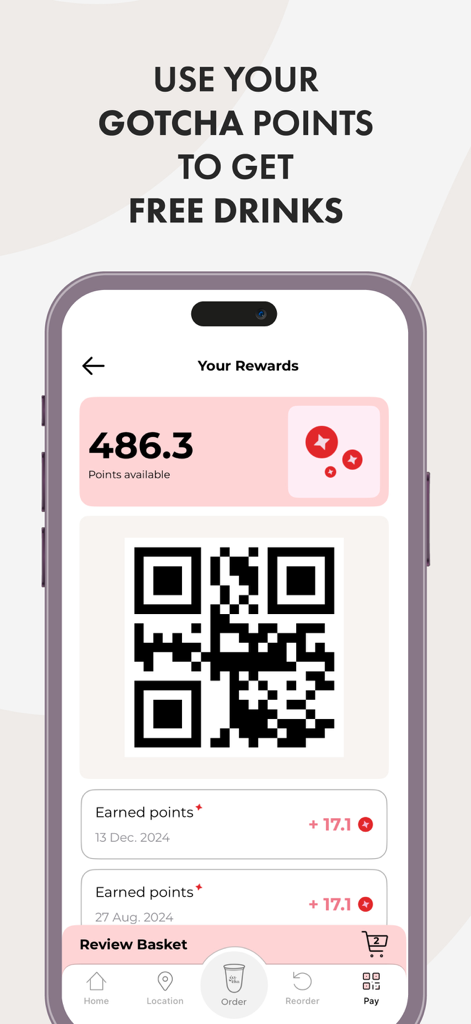 Gotcha boba bar - Pantalla del programa de fidelización Gotcha boba bar que muestra los puntos ganados y un código QR para recompensas