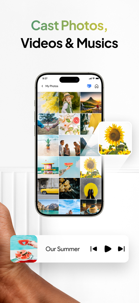 Screen Mirroring: Cast & TV - Aplicación de duplicación de pantalla de iPhone que muestra la galería de fotos y los controles del reproductor multimedia para transmitir a un televisor.