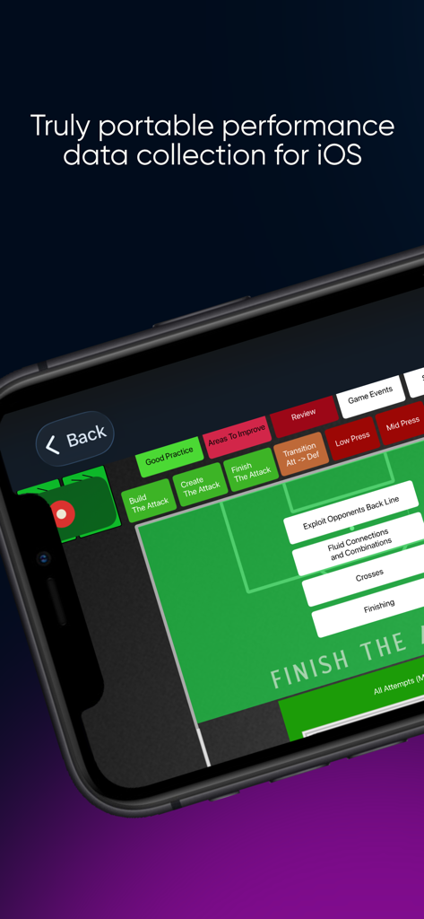 Timelines 앱 인터페이스는 모바일 장치에서 스포츠 분석을 위한 휴대용 성능 데이터 수집을 보여줍니다