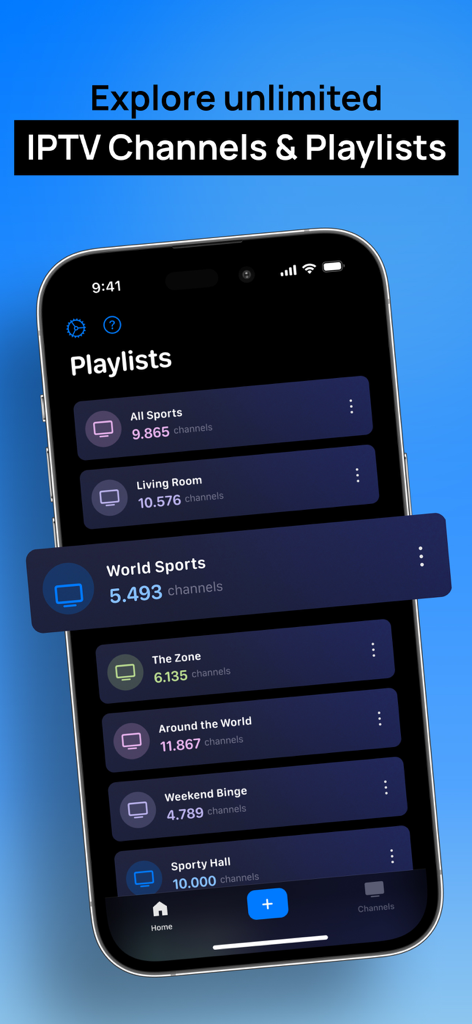 IPTV Smart Player Xtream STB - IPTV Smart Player interface displaying multiple channel playlists like World Sports and Living Room on a smartphone screen.
