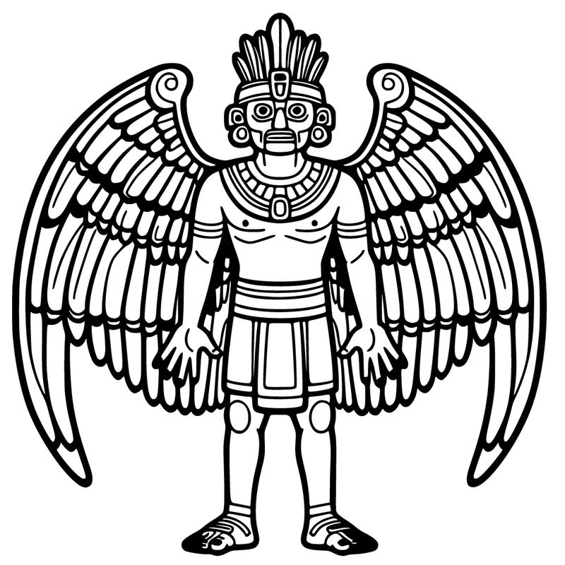 a human representing quetzalcoatl facing forward and full body