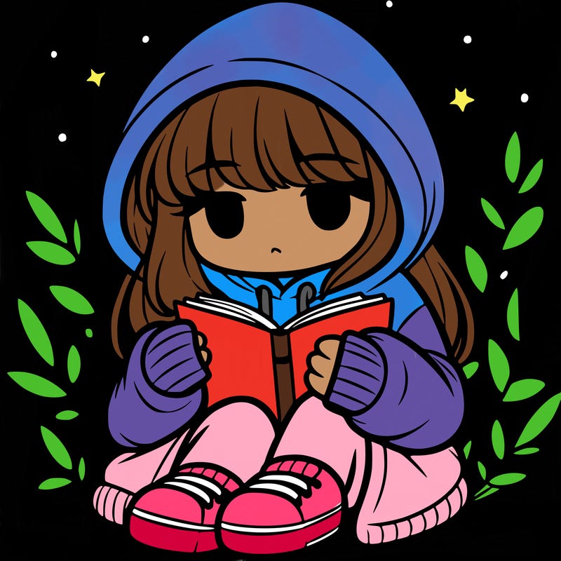 girl in oversized hoodie reading a book