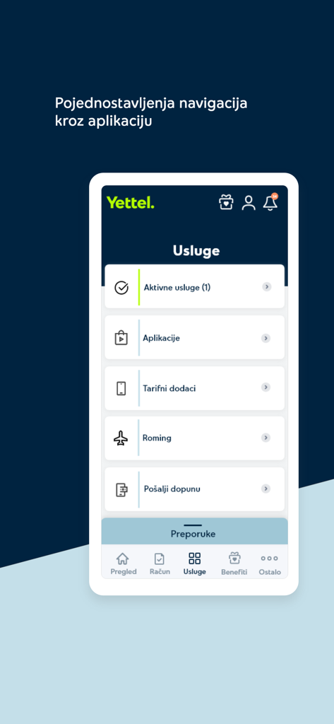 Yettel SRB mobile app screen showing the services menu with simplified navigation for roaming and tariff add-ons.