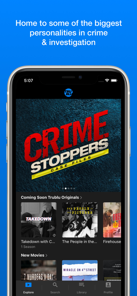 TruBlu mobile app home screen showing crime and investigation streaming content like Crime Stoppers and Takedown with Chris Hansen