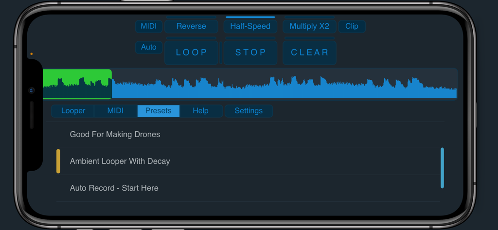 SimpLoop - SimpLoop mobile app interface showing a blue waveform visualization and a menu of ambient music presets.