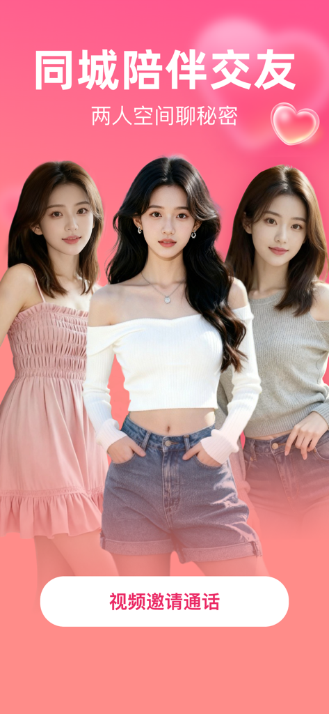 探爱-附近成人聊天交友树洞同城语音视频私密陌生约会软件 - Tan Ai app promotional image showing three young women on a pink background with text about local companionship and private video calls