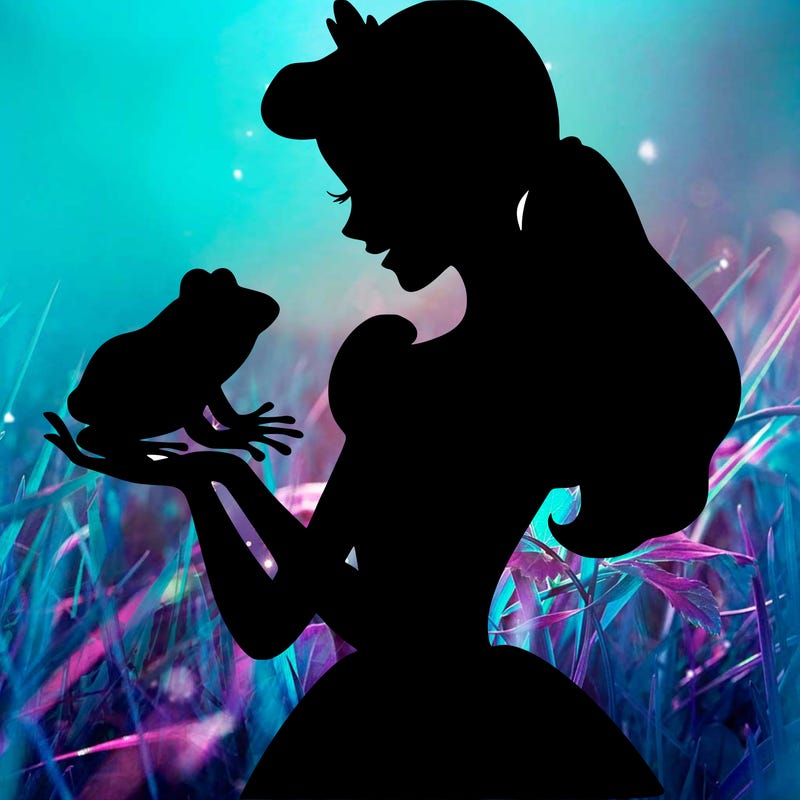 a shadow of a princess holding a frog realistic