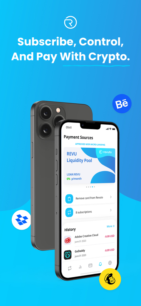 Revuto - Revuto mobile app interface showing crypto payment sources and monthly subscription history on a smartphone